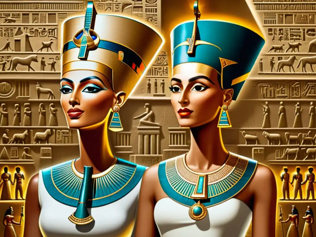 Detallada imagen sepia de Akenatón y Nefertiti, líderes de la Revolución religiosa en el Antiguo Egipto, con jeroglíficos y símbolos de fondo