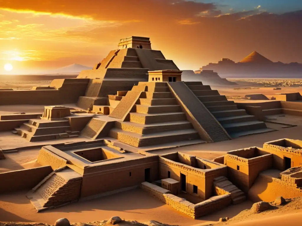 Detallada imagen sepia de las ruinas antiguas de Eridu al atardecer, resaltando la grandeza arquitectónica de las ciudades estado sumerias historia