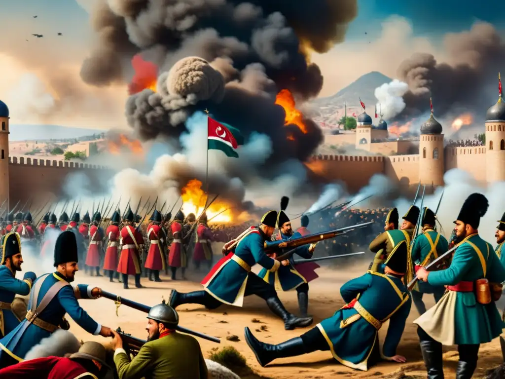 Ilustración detallada en sepia de confrontación entre el Imperio Otomano y Europa, destacando la intensidad de la confrontación militar