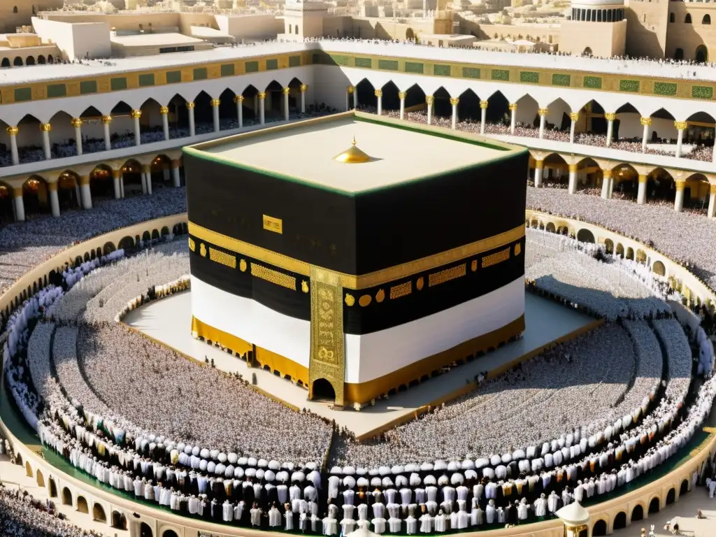 Ilustración sepia detallada de la Kaaba en los orígenes de los cinco pilares del Islam, rodeada de peregrinos devotos en la peregrinación del Hajj