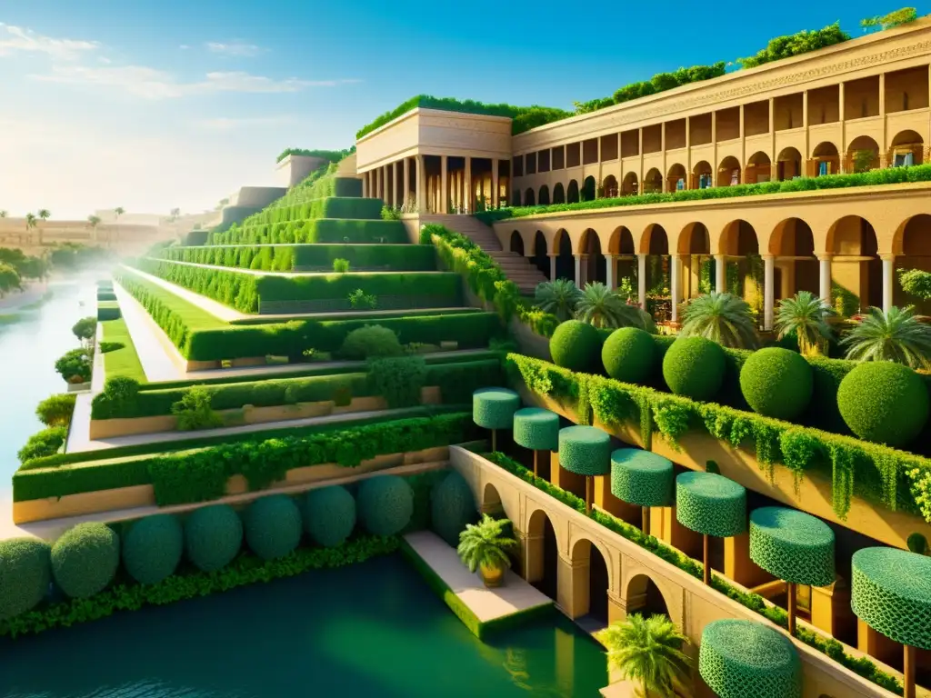 Ilustración sepia detallada de las majestuosas Terrazas Colgantes de Babilonia, reflejando su grandiosidad y misterio en la antigüedad