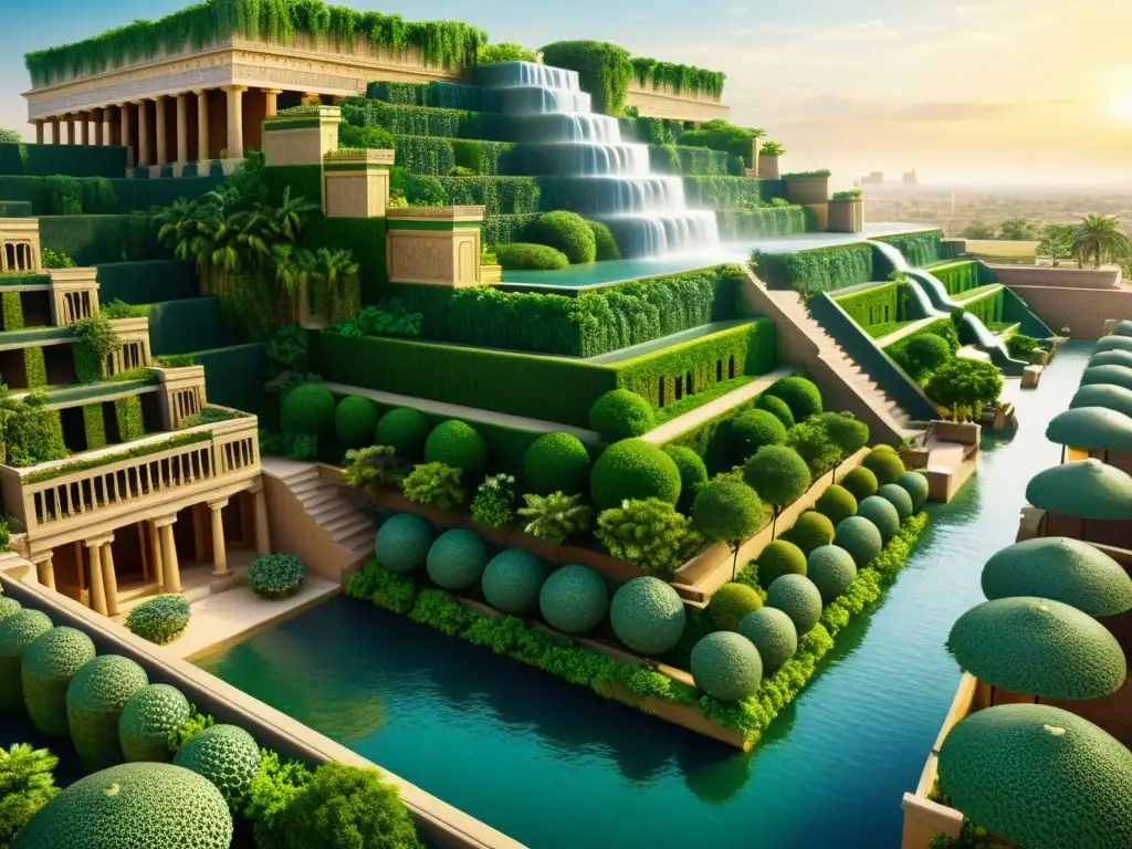 Ilustración sepia detallada de las majestuosas Terrazas Colgantes de Babilonia, con exuberante vegetación y elementos arquitectónicos antiguos