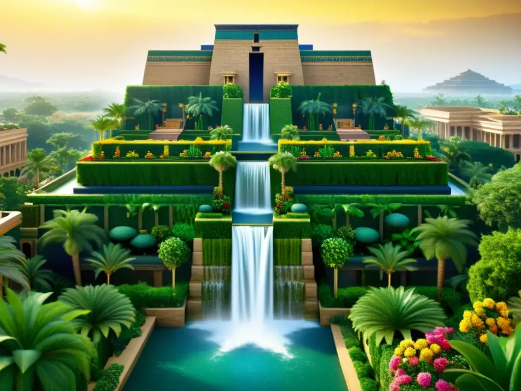 Ilustración sepia detallada de las majestuosas Terrazas Colgantes de Babilonia en todo su esplendor, evocando misterio y asombro