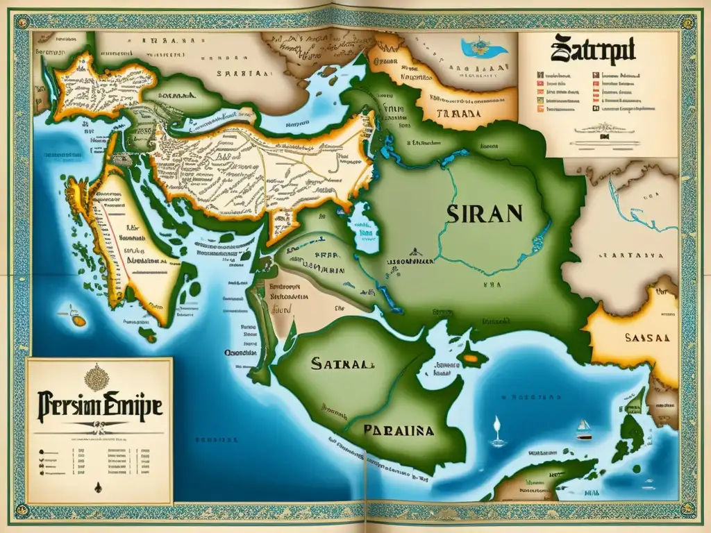 Ilustración sepia detallada del mapa del vasto Imperio Persa con Sistema Satrapal y elegante caligrafía persa