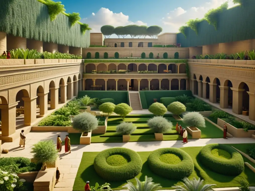 Recreación detallada de obreros babilonios reconstruyendo las Terrazas Colgantes, con supervisores observando