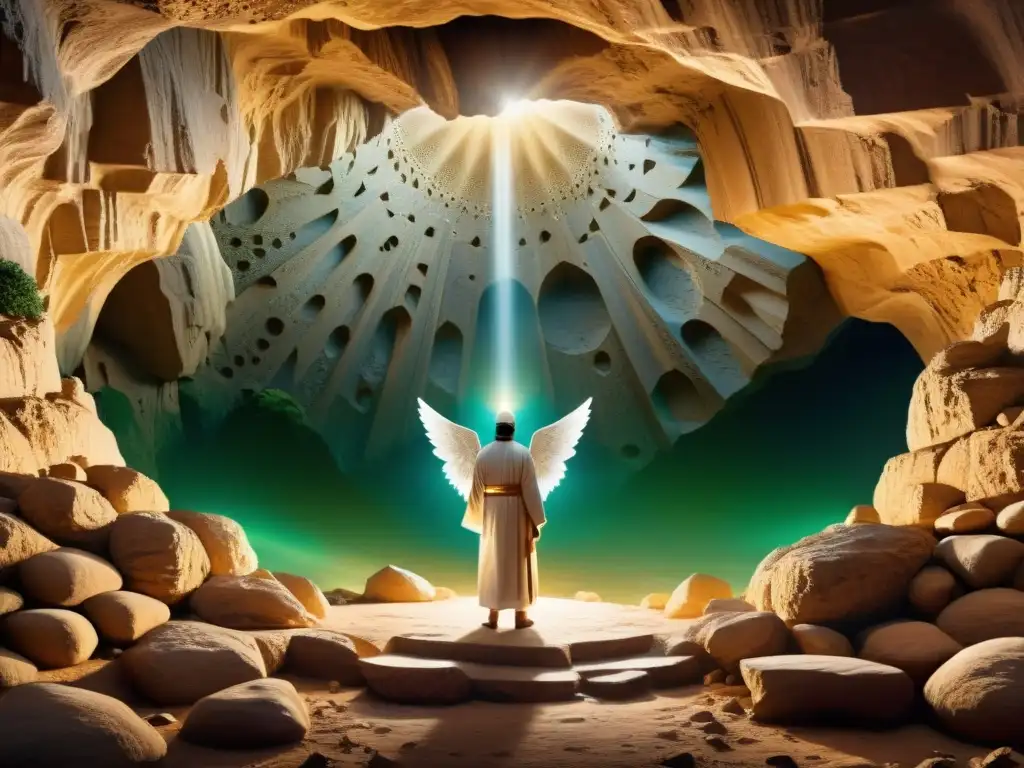 Ilustración detallada de los orígenes de los cinco pilares del Islam: Profeta Muhammad recibe revelaciones de ángel Gabriel en la Cueva de Hira