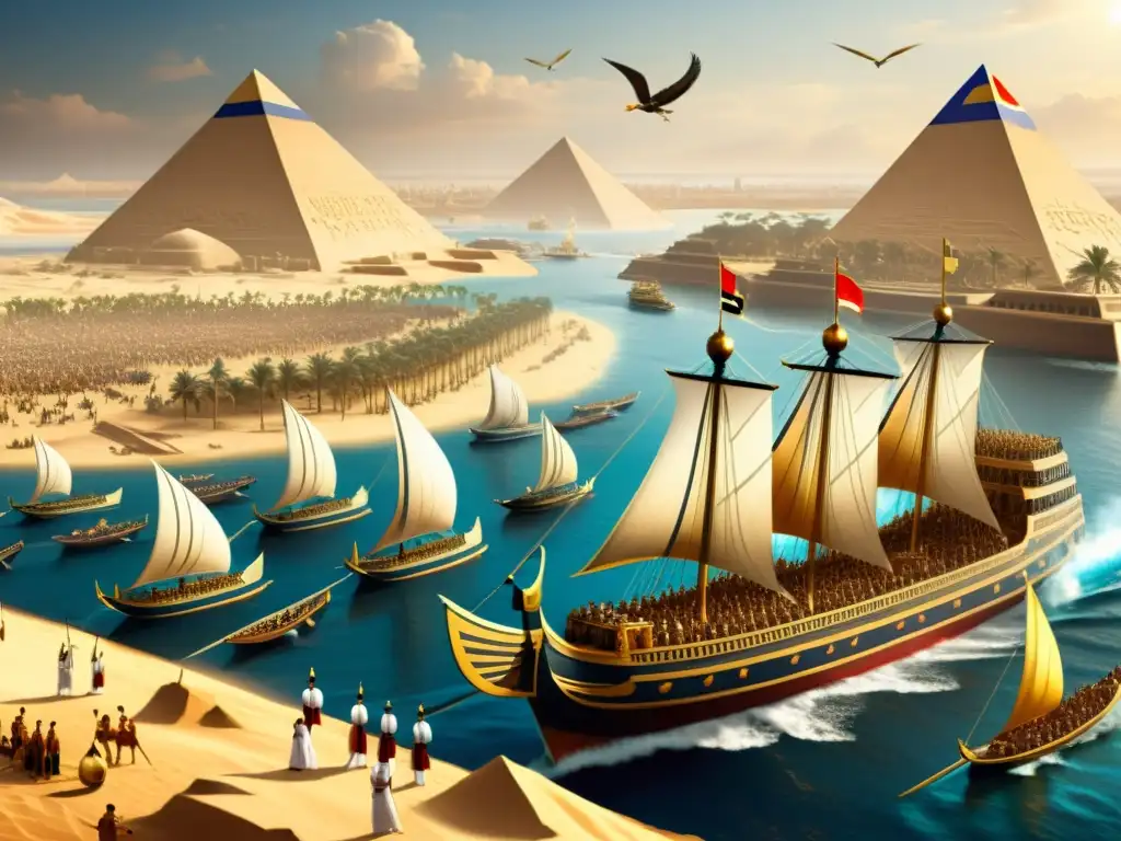Ilustración detallada en sepia de la poderosa flota naval del Antiguo Egipto, con barcos adornados con jeroglíficos y velas al viento