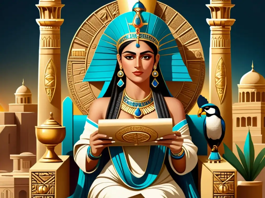 Detallada ilustración de una reina mesopotámica sentada en un trono, rodeada de símbolos de poder, sabiduría y fertilidad, destacando el papel de la mujer en la Mesopotamia antigua