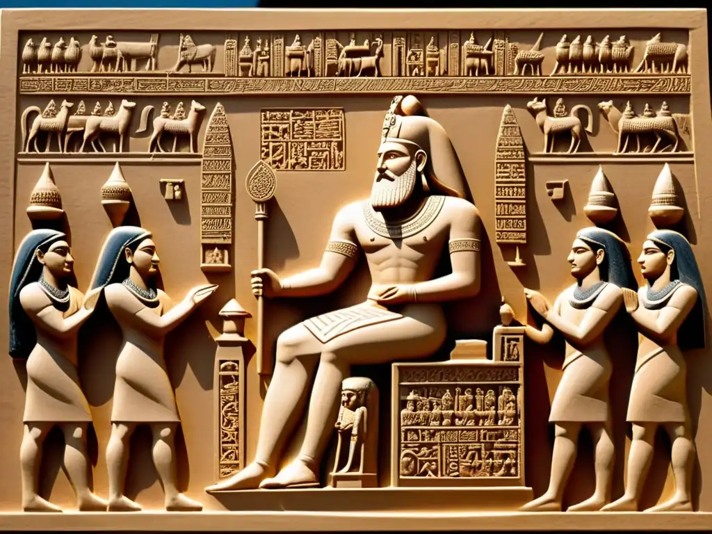 Recreación épica del rey UrNammu y la creación de su código de leyes Ilustración detallada en sepia de UrNammu, rey sumerio, rodeado de escribas creando leyes sumerias código UrNammu en un patio antiguo