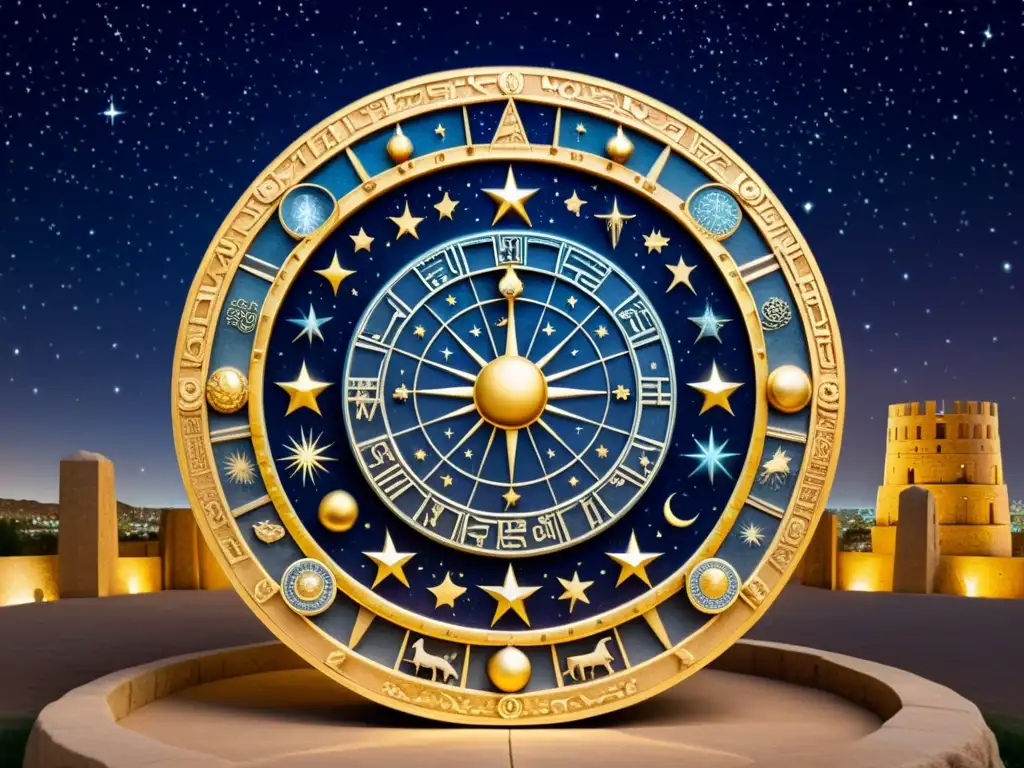 Ilustración sepia detallada de rueda zodiacal babilónica con astrónomos y ziggurat bajo un cielo estrellado