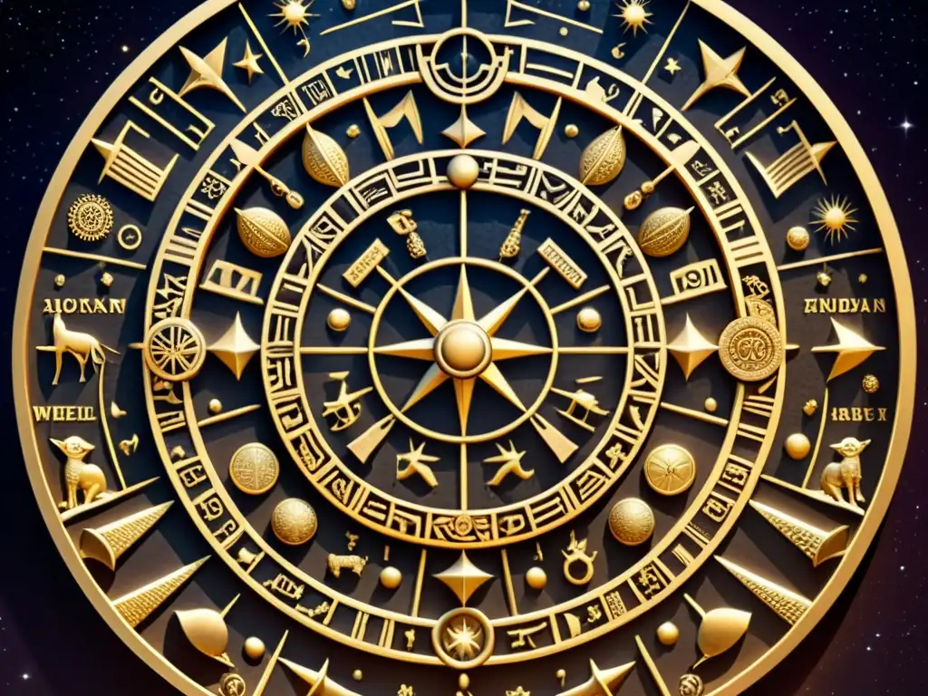 Rueda zodiacal babilónica: símbolos celestiales y cuneiformes Ilustración sepia detallada de una rueda zodiacal babilónica rodeada de símbolos celestiales y cuneiformes, emana misticismo y sabiduría antigua