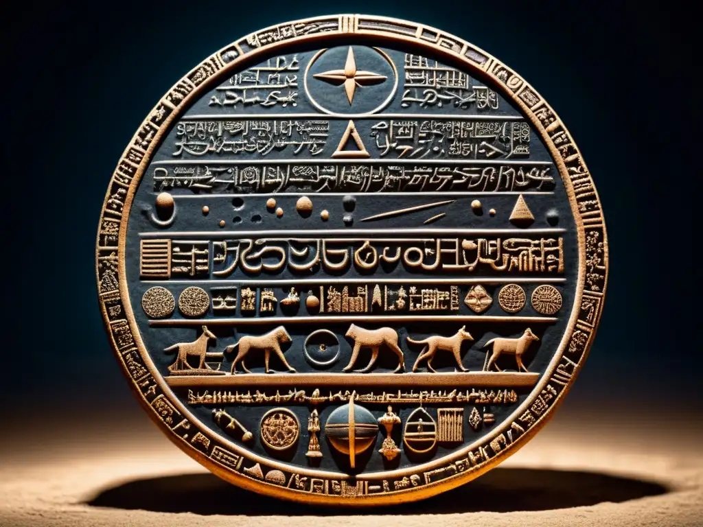 Detallada tableta de arcilla mesopotámica con símbolos astronómicos, en fondo oscuro