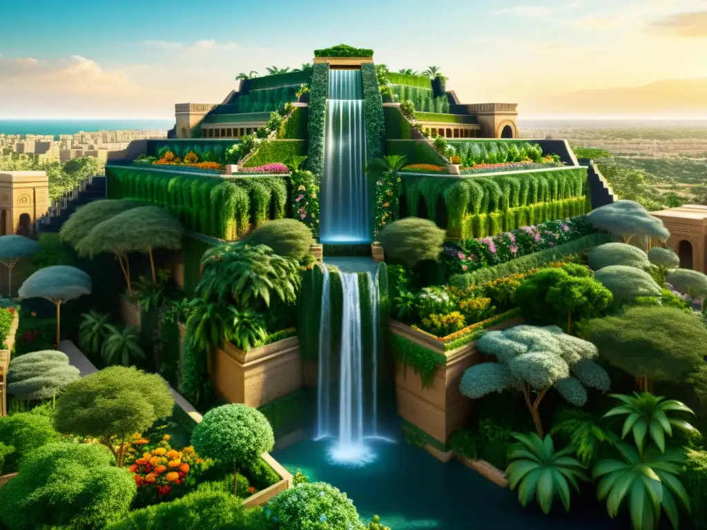 Ilustración detallada en sepia de las Terrazas Colgantes de Babilonia, con exuberante vegetación, cascadas y ciudad antigua
