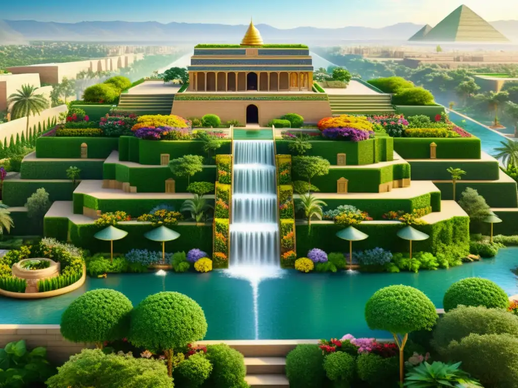 Ilustración sepia detallada de las Terrazas Colgantes de Babilonia, un oasis majestuoso de exuberante vegetación y arquitectura babilónica, evocando la belleza mítica de este enclave legendario