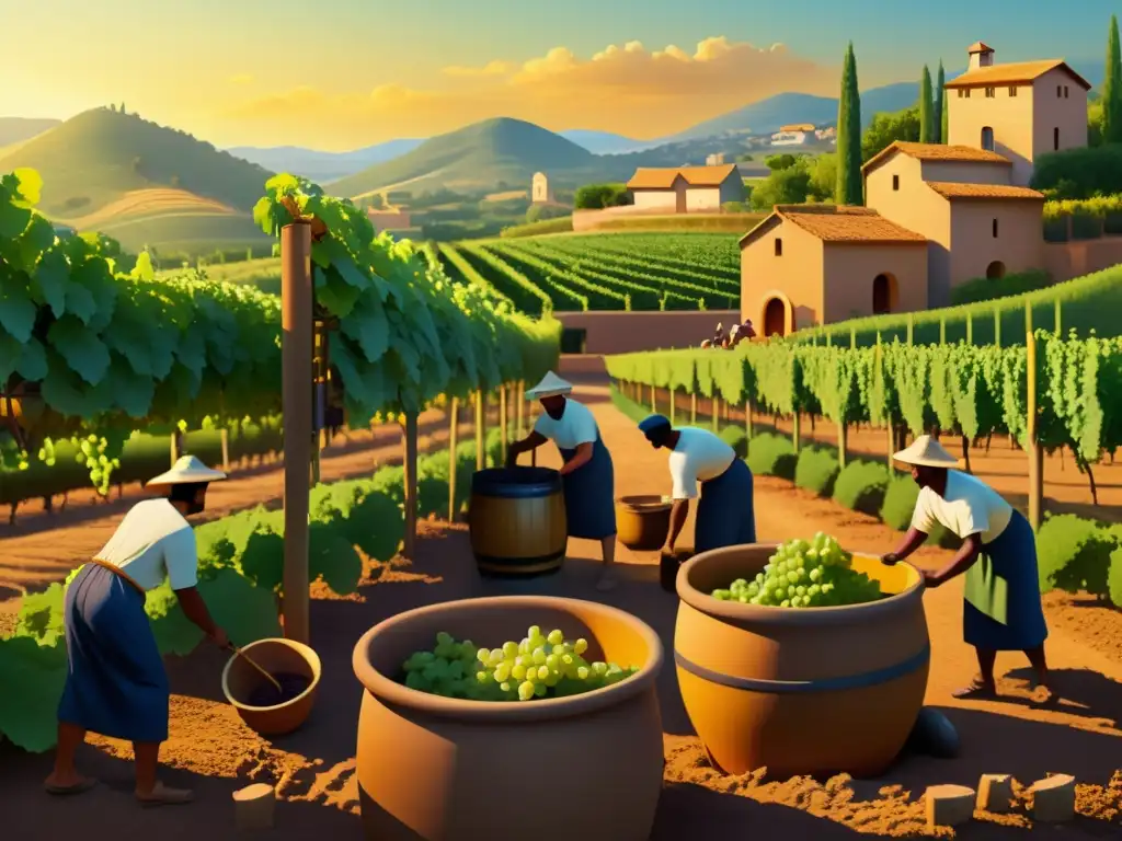 Ilustración sepia detallada de la producción de vino en rituales antiguos, con trabajadores cosechando uvas y fermentando en ánforas de arcilla