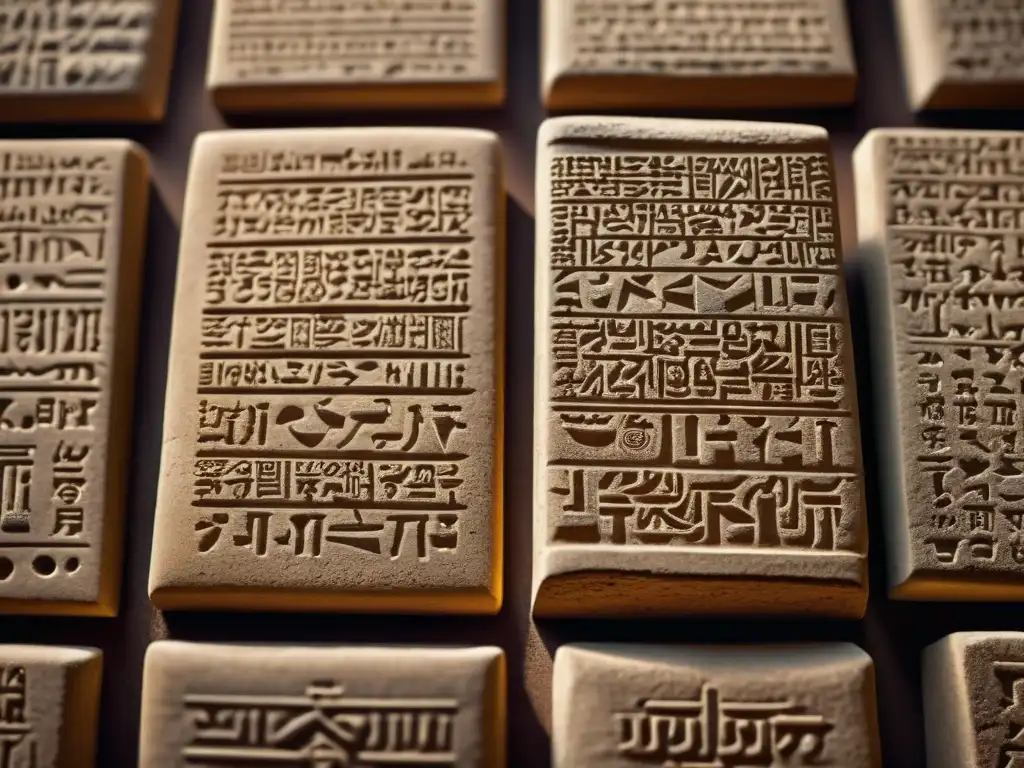 Detalladas tablillas de arcilla con textos cuneiformes antiguos de Babilonia, reflejando su historia en el circuito legal de la antigua Babilonia