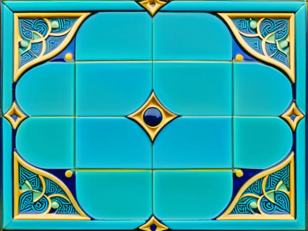 Detallado azulejo persa con patrones geométricos en azul, turquesa y dorado, influencia griega arte persa