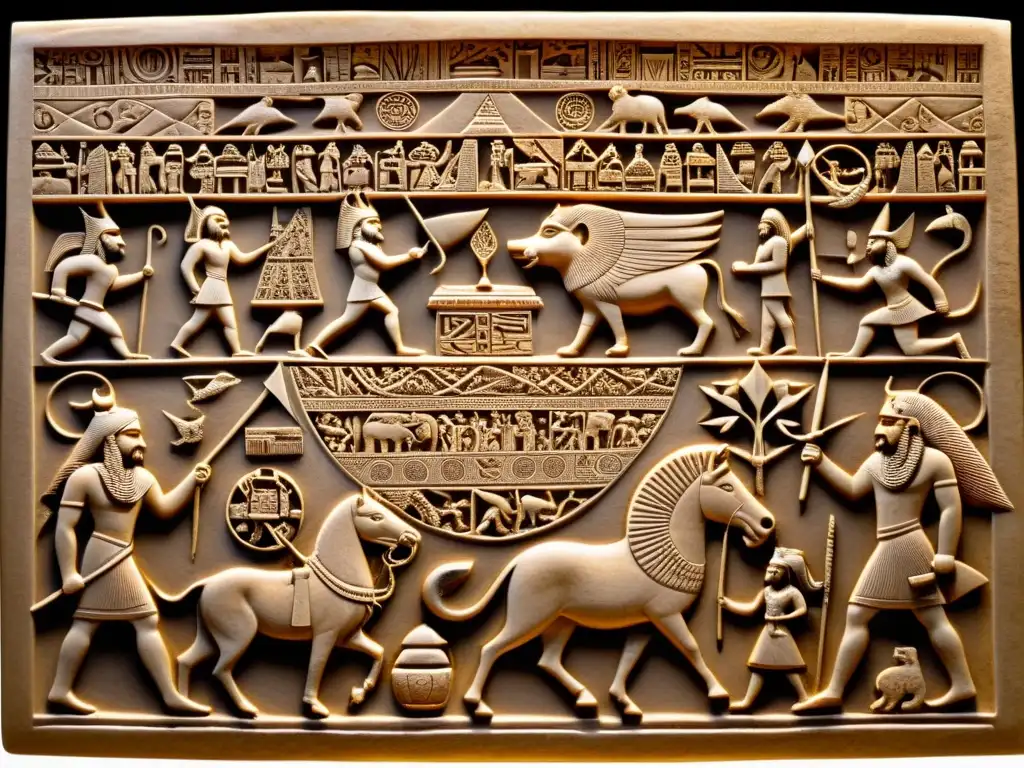 Detallado relieve en sepia de la creación mesopotámica, con escenas de dioses y criaturas míticas