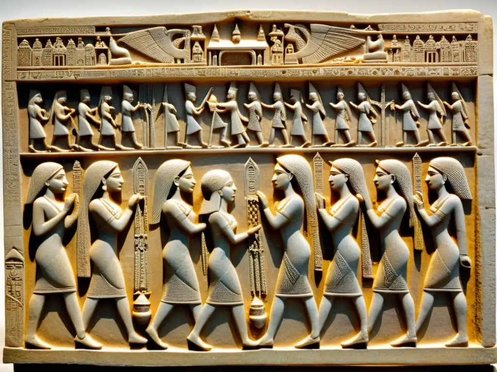 Detallado relieve mesopotámico de rituales funerarios con luto y ofrendas en templo