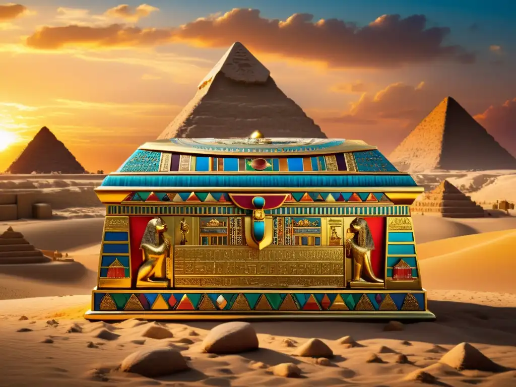 Detallado sarcófago dorado con jeroglíficos y gemas, junto a la Gran Esfinge y pirámides de Giza al atardecer