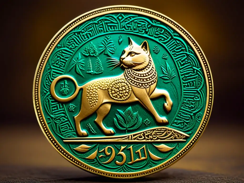 Detalle de una antigua moneda persa con simbolismo de criaturas míticas y patrones intrincados