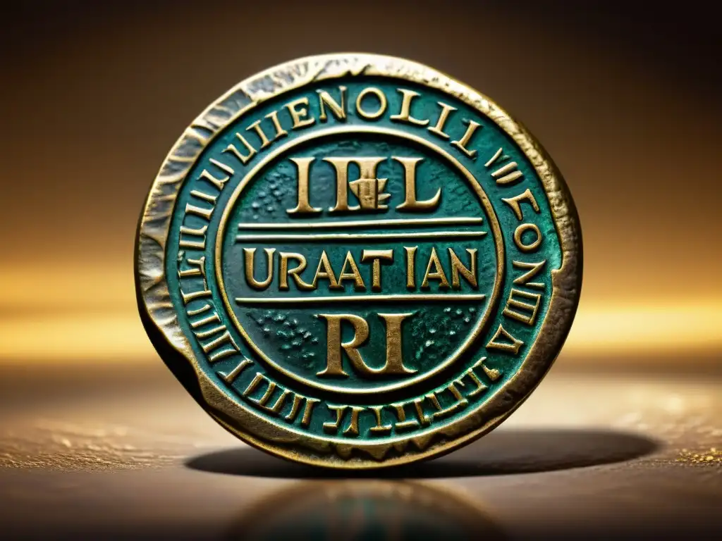 Moneda Urartiana antigua: detallada y en sepia Detalle en sepia de una antigua moneda Urartiana, revelando marcas e inscripciones intrincadas, desgaste y autenticidad