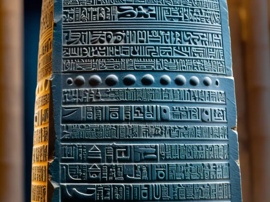 Estela del Código de Hammurabi: detalle cuneiforme en sepia Detalle del Código de Hammurabi en estela, legado jurídico de Babilonia