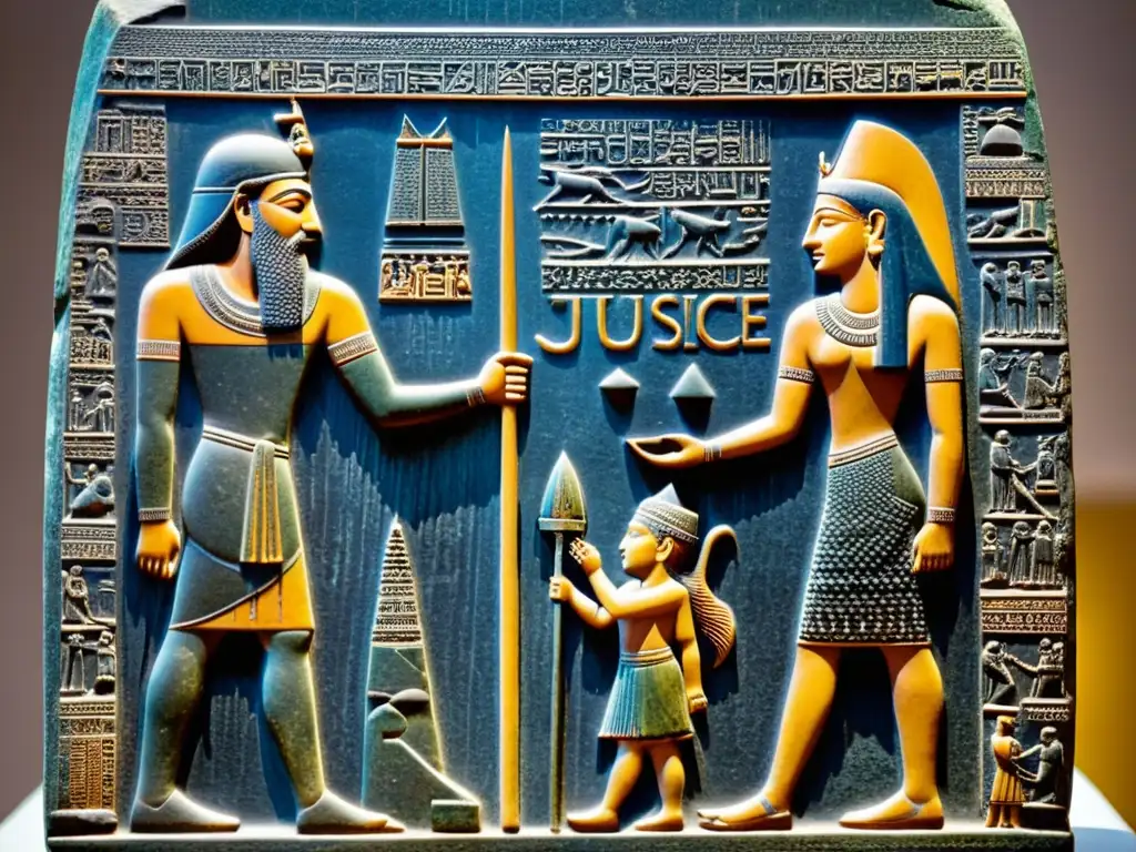 Detalle sepia del Código de Hammurabi en estela de piedra con el rey y Shamash, dios de la justicia, en circuito legal antigua Babilonia