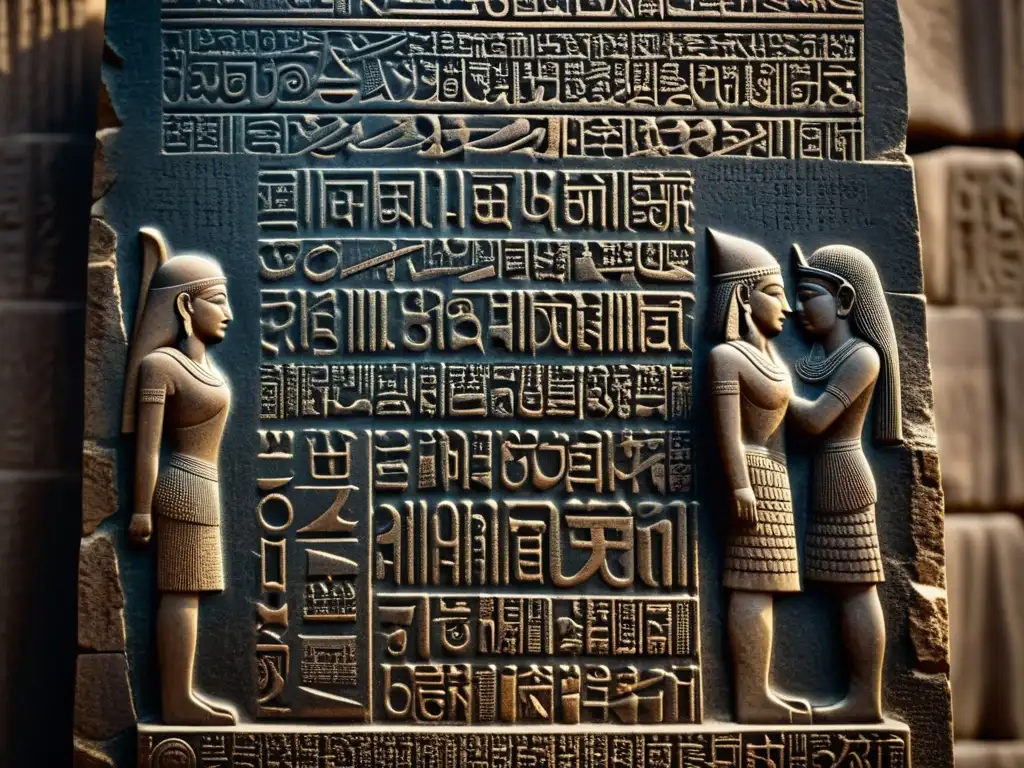 Detalle sepia del Código de Hammurabi en Babilonia, inscripciones cuneiformes en piedra con juego de luces y sombras