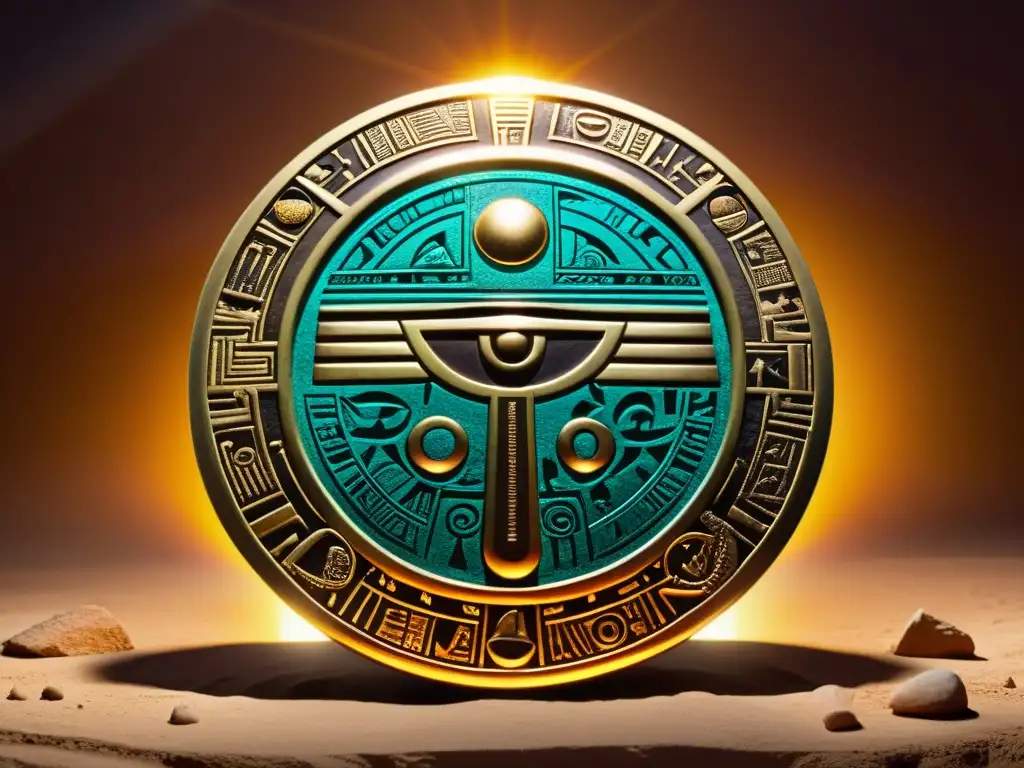 Detalle enigmático del Disco Solar de Sabu, con grabados y símbolos egipcios, resaltando su misterioso artefacto y la artesanía enigmática