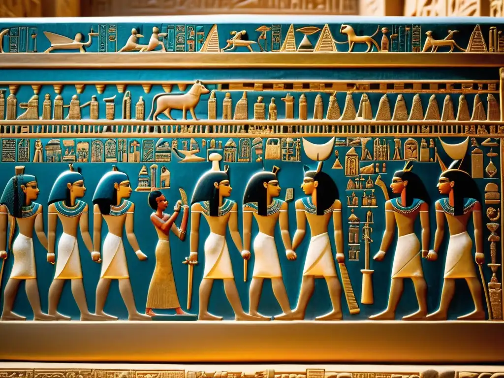 Detalle sepia de sarcófago faraónico con jeroglíficos, reflejando historia y arte de Egipto
