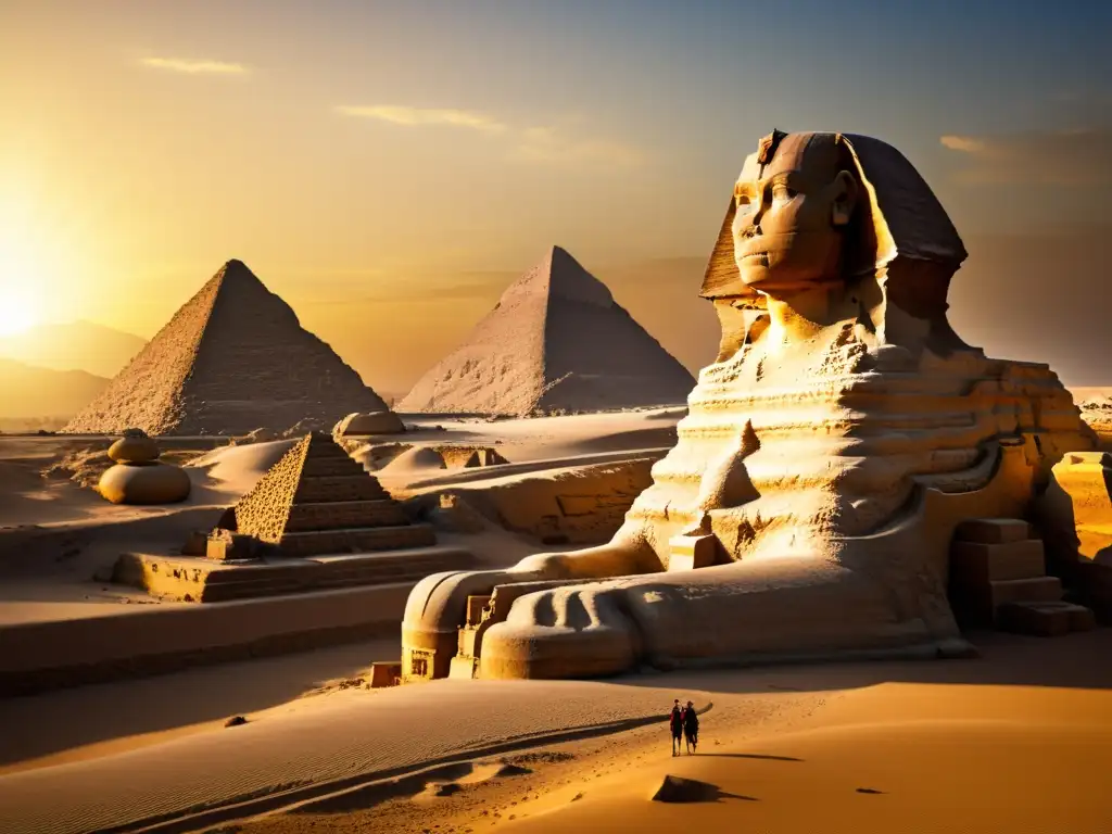 Majestuosa esfinge de Giza: detalle sepia con atardecer dorado Detalle sepia de la Gran Esfinge de Guiza al atardecer, con las pirámides de fondo