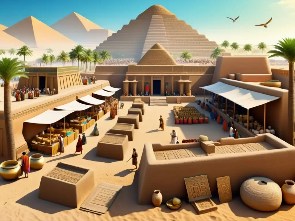 Ilustración detallada: Mercado sumerio antiguo en sepia Detalle impresionante del bullicioso mercado sumerio antiguo con barrotes, textiles vibrantes y ziggurats al fondo