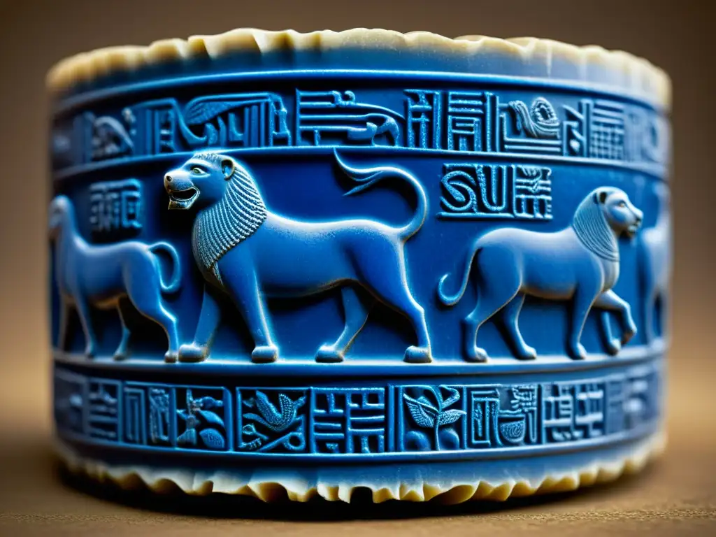 Detalle excepcional: Sello cilíndrico sumerio de lapislázuli Detalle majestuoso de un sello cilíndrico sumerio en lapislázuli, mostrando criaturas míticas y escritura antigua
