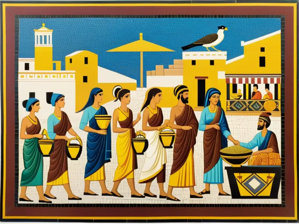 Detalle de un mosaico griego mostrando un bullicioso mercado antiguo con influencia griega en la cocina persa