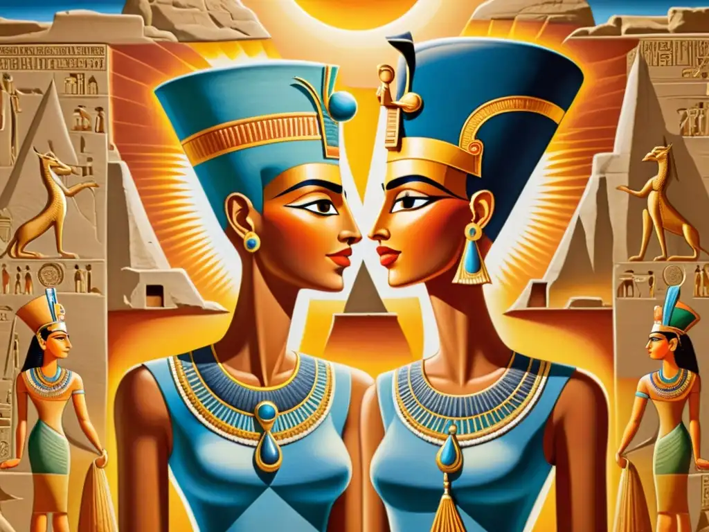 Detalle del mural de la Revolución religiosa en el Antiguo Egipto: Akhenatón y Nefertiti en estilo Amarna, bajo el sol de Atón