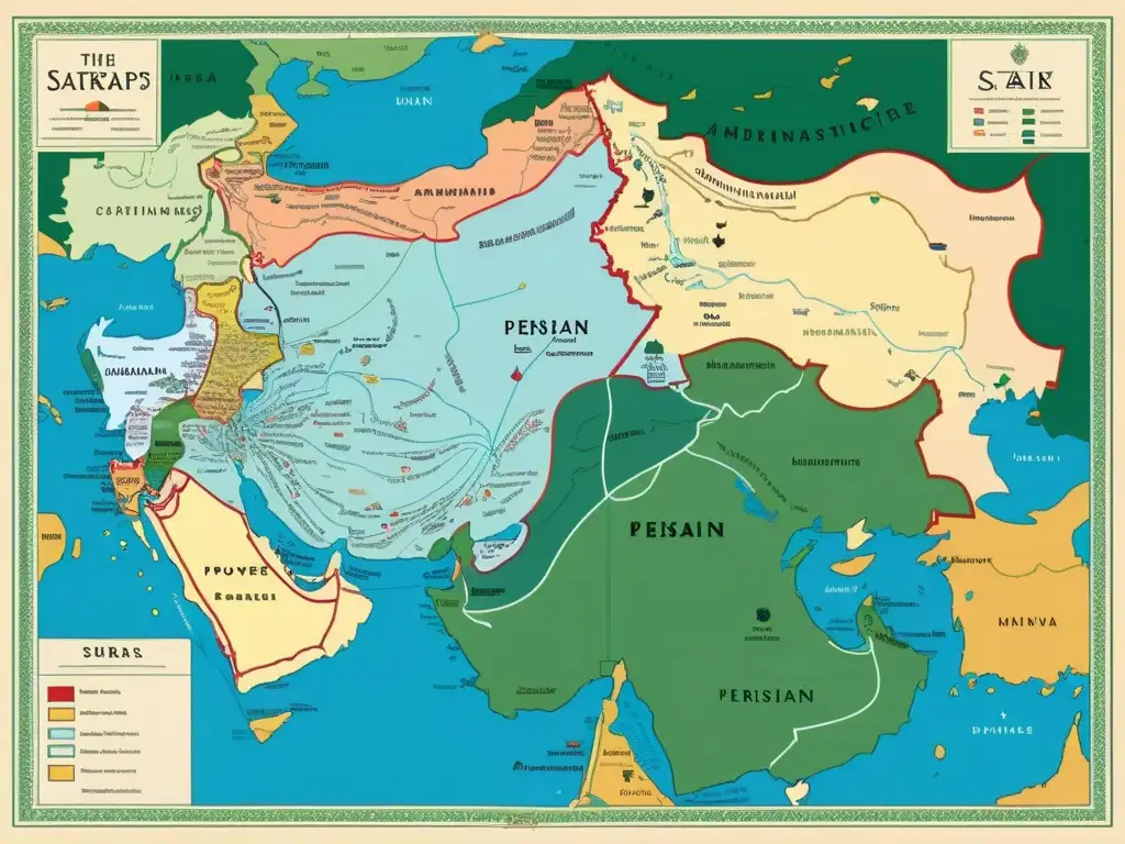 Detalle del sofisticado Sistema Satrapal del Imperio Persa: mapa con líneas de comunicación y símbolos de autoridad en tonos regios