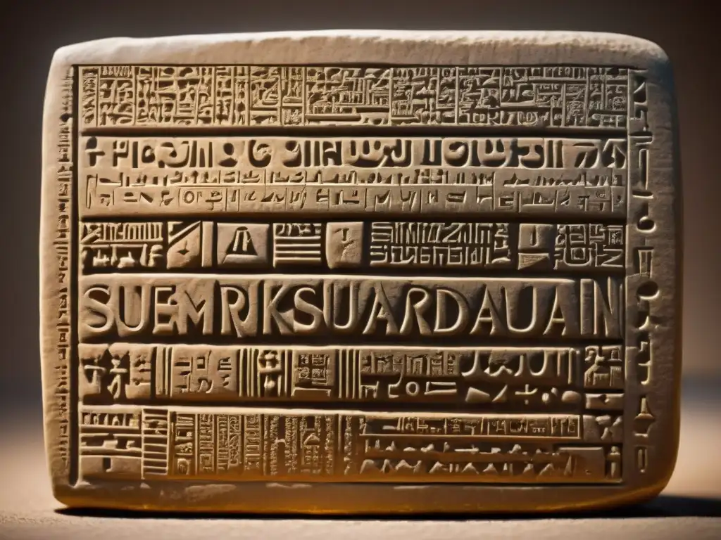 Detalle de una tableta de arcilla con escritura cuneiforme en Sumeria y Acadia, resaltando significados de nombres