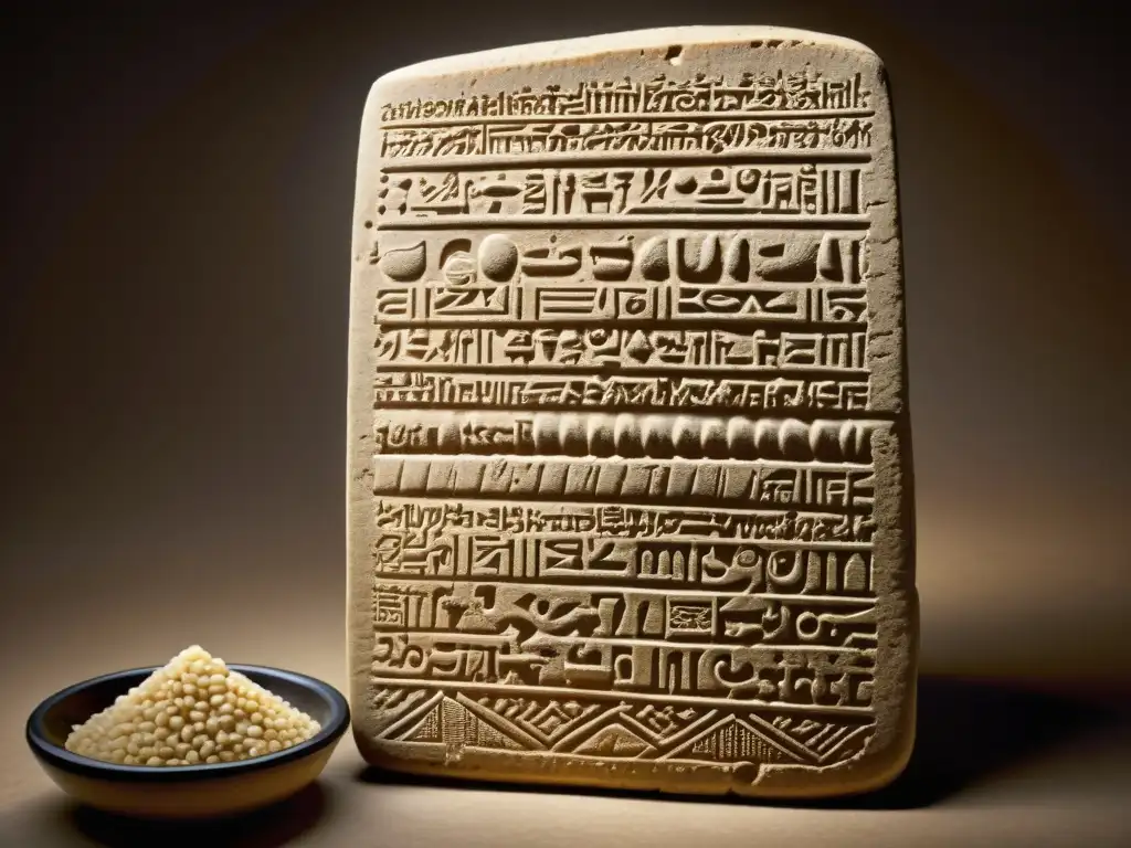 Tableta de barro mesopotámica con receta ancestral Detalle sepia de tablilla de arcilla mesopotámica con receta antigua