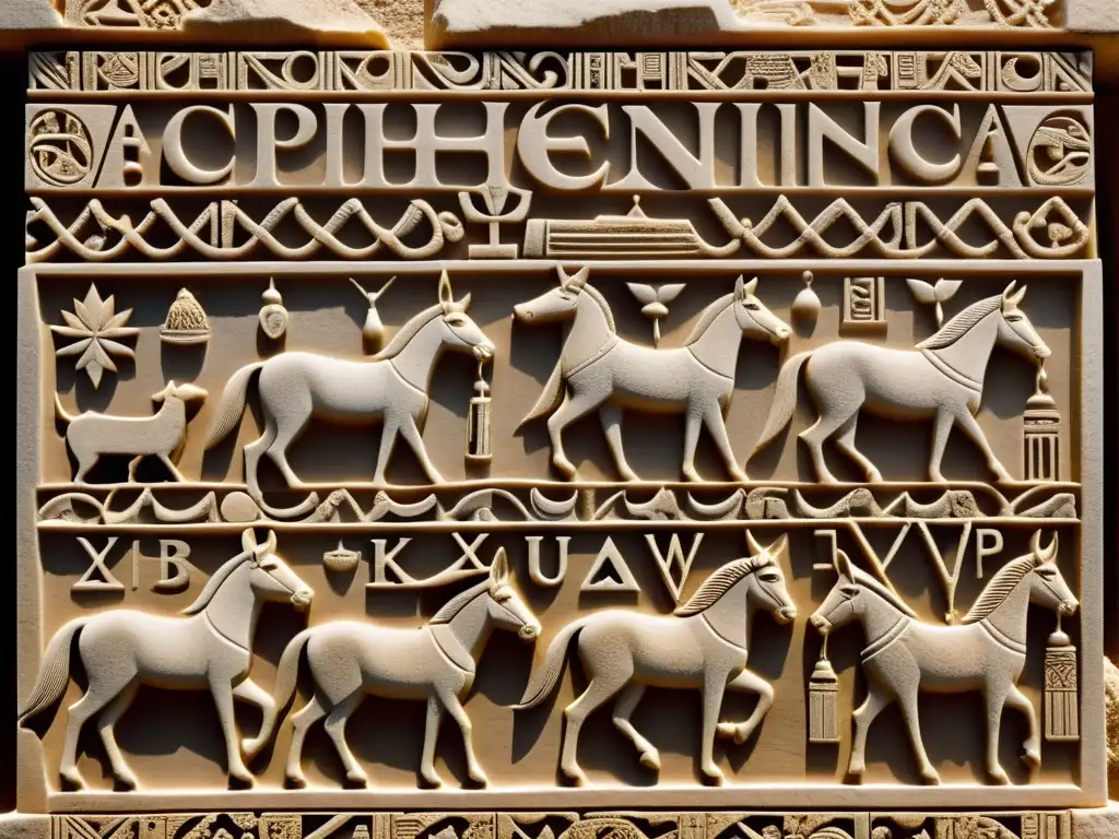 Escultura fenicia detallada: alfabeto y símbolos antiguos Detalle sepia de tallado fenicio, destacando el origen del alfabeto fenicio y su intrincada simbología en piedra
