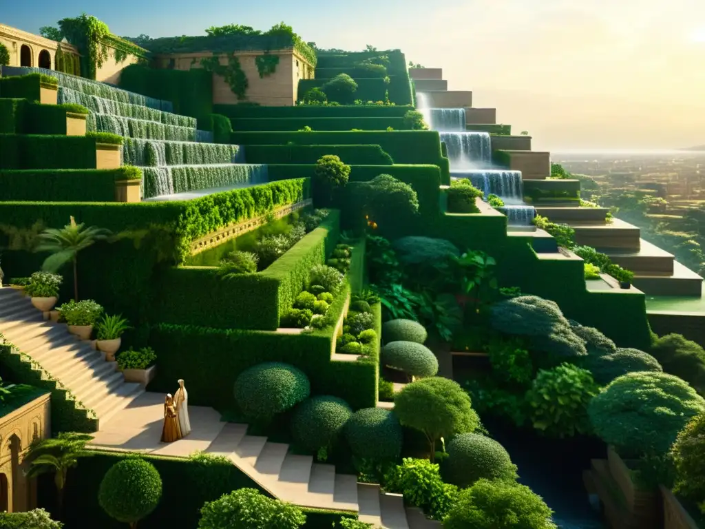 Detalle sepia de las Terrazas Colgantes de Babilonia, con exuberante vegetación y cascadas, evocando la grandeza y misterio de los mitos arqueológicos