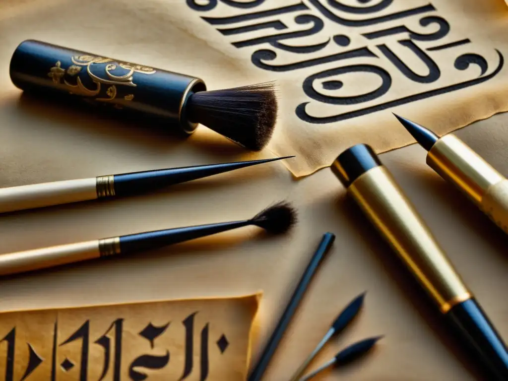Antiguas herramientas de caligrafía oriental: pinceles y pergaminos sepia Detalle sepia de utensilios antiguos de caligrafía en Oriente, evocando la estética del alfabeto en Oriente