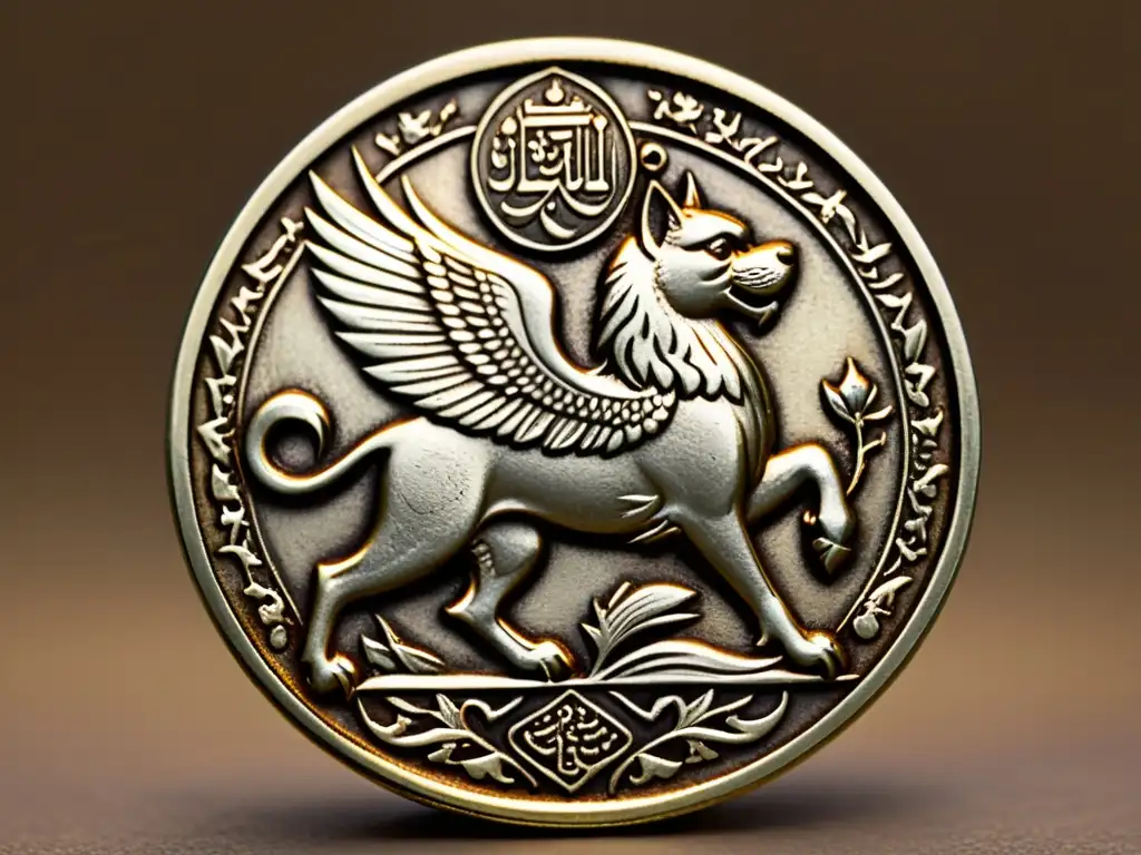 Detalles en sepia de una antigua moneda persa con grabados de un ser mitológico, simbolizando poder y protección