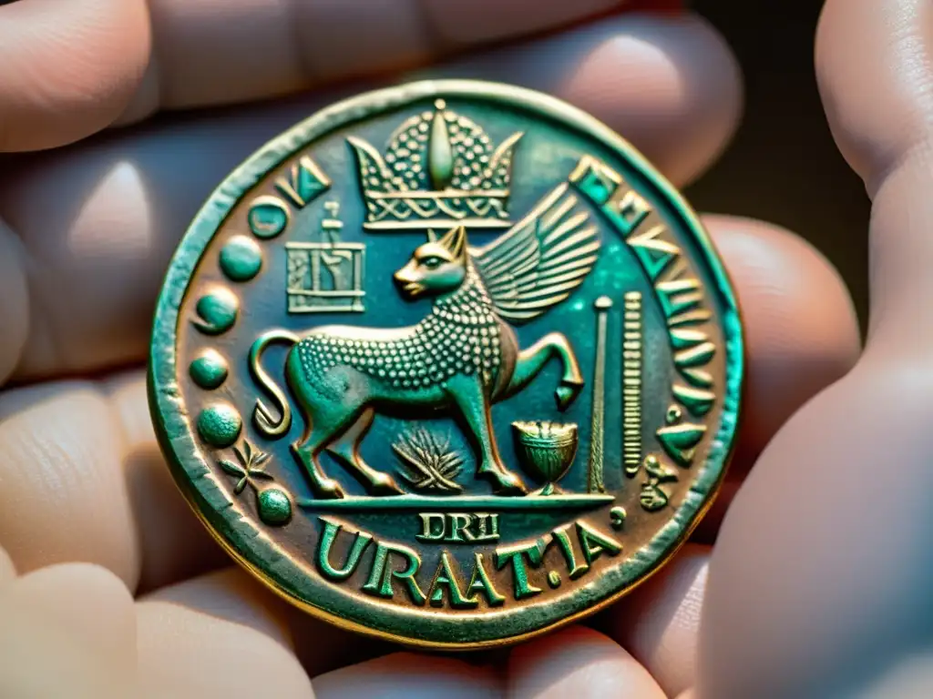 Moneda Urartiana antigua: detalle excepcional Detalles de una antigua moneda urartiana sostenida con guantes blancos