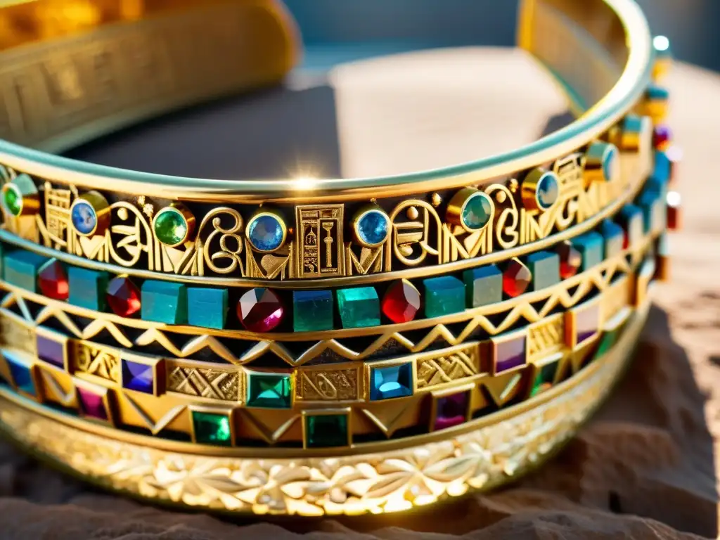 Diadema de oro egipcia: arte milenario y gemas preciosas Una diadema de oro antiguo de Egipto, con jeroglíficos, filigrana y gemas preciosas