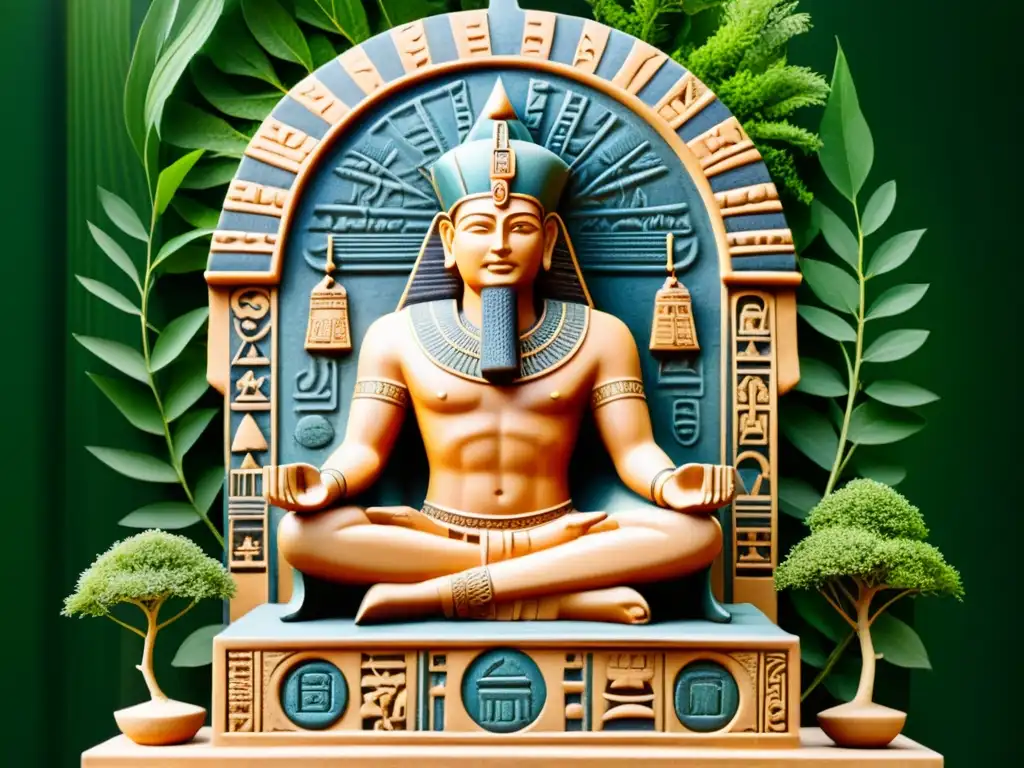 Deidad sumeria Enki: sabiduría ancestral en ilustración sepia Ilustración sepia de Enki, dios sumerio, en su trono rodeado de ríos y vegetación, transmitiendo sabiduría