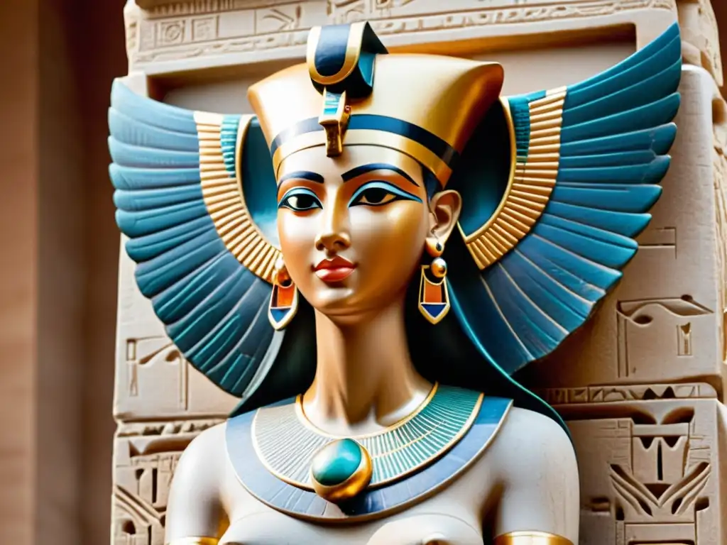 Estátua sepia de la diosa egipcia Hathor, deidad música, danza, con alas desplegadas y expresión serena, en piedra pulida