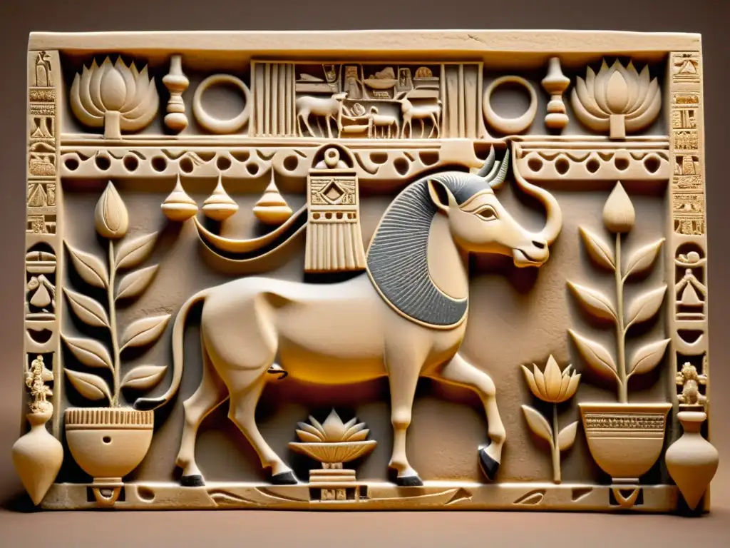 Diosa Hathor: deidad de la música y la danza, rodeada de flores de loto y adoradores, en una antigua talla egipcia