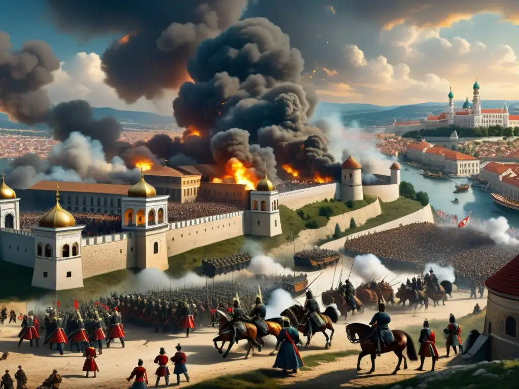 Asedio de Viena por el ejército otomano en 1683: detalle sepia Ilustración detallada sepia del ejército otomano sitiando Viena en 1683, con soldados y cañones