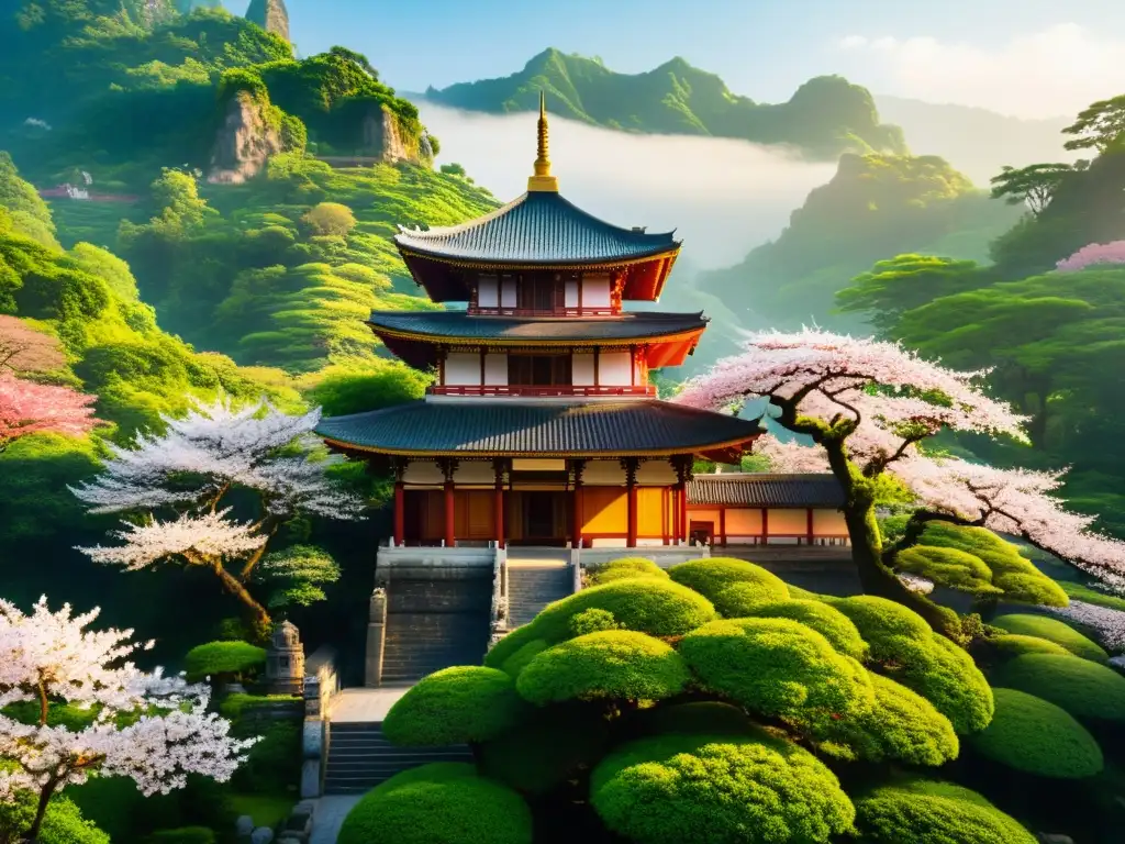 Templo sereno en montañas neblinosas: detalle oriental Encuentros espirituales en el Oriente Antiguo: un templo sereno entre montañas neblinosas y exuberante naturaleza primaveral